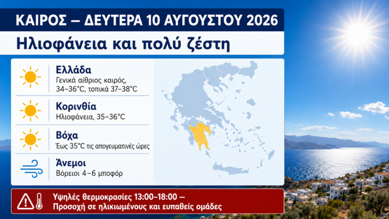 Κορινθία: Ζέστη και βοριάδες σήμερα – Στους 35°C η Βόχα, τοπικά έως 37-38°C