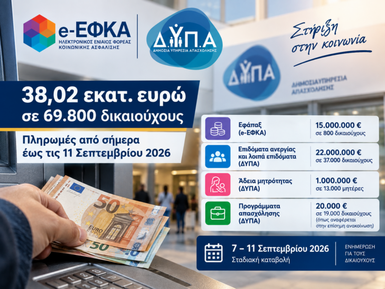 e-ΕΦΚΑ – ΔΥΠΑ: 38,02 εκατ. ευρώ σε 69.800 δικαιούχους από σήμερα – Ποιοι πληρώνονται έως τις 11 Σεπτεμβρίου