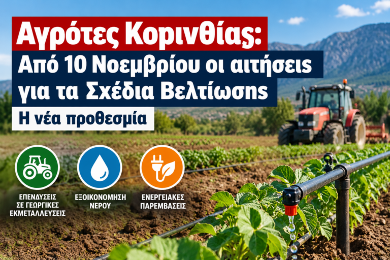 Αγρότες Κορινθίας: Από 10 Νοεμβρίου οι αιτήσεις για τα νέα Σχέδια Βελτίωσης – Έως 3 Φεβρουαρίου 2027 η προθεσμία