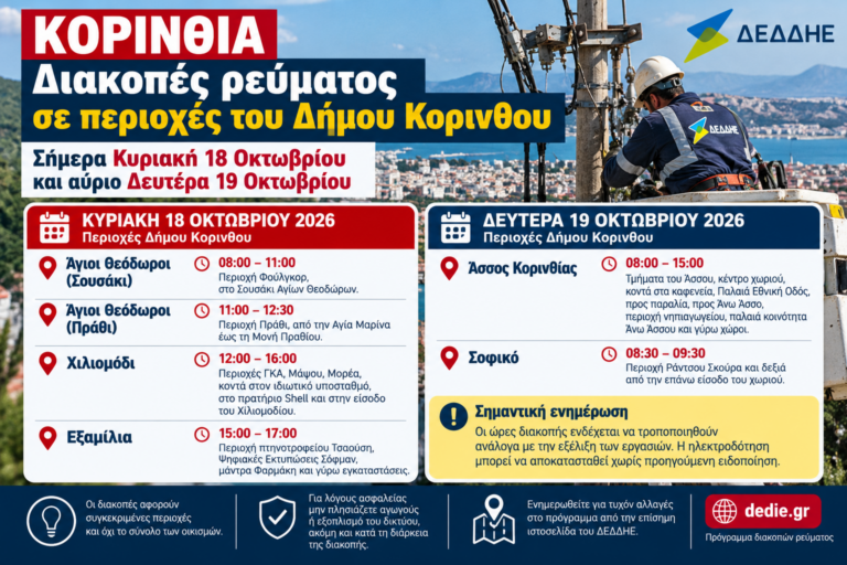 Κορινθία: Υπενθύμιση για τις σημερινές διακοπές ρεύματος – Συνεχίζονται και τη Δευτέρα 19 Οκτωβρίου
